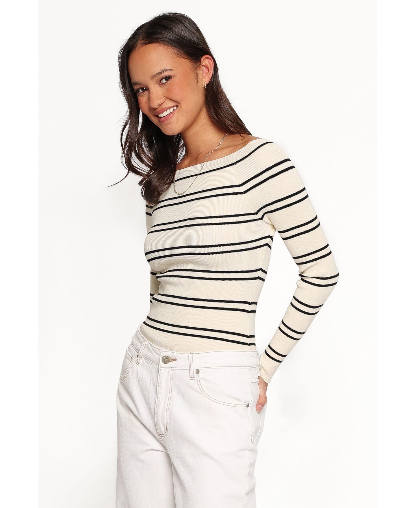 Женский топ Petal and Pup Presley Long-Sleeve Boat Neck Striped, цвет: Кремовый чёрный полосатый — фото 4