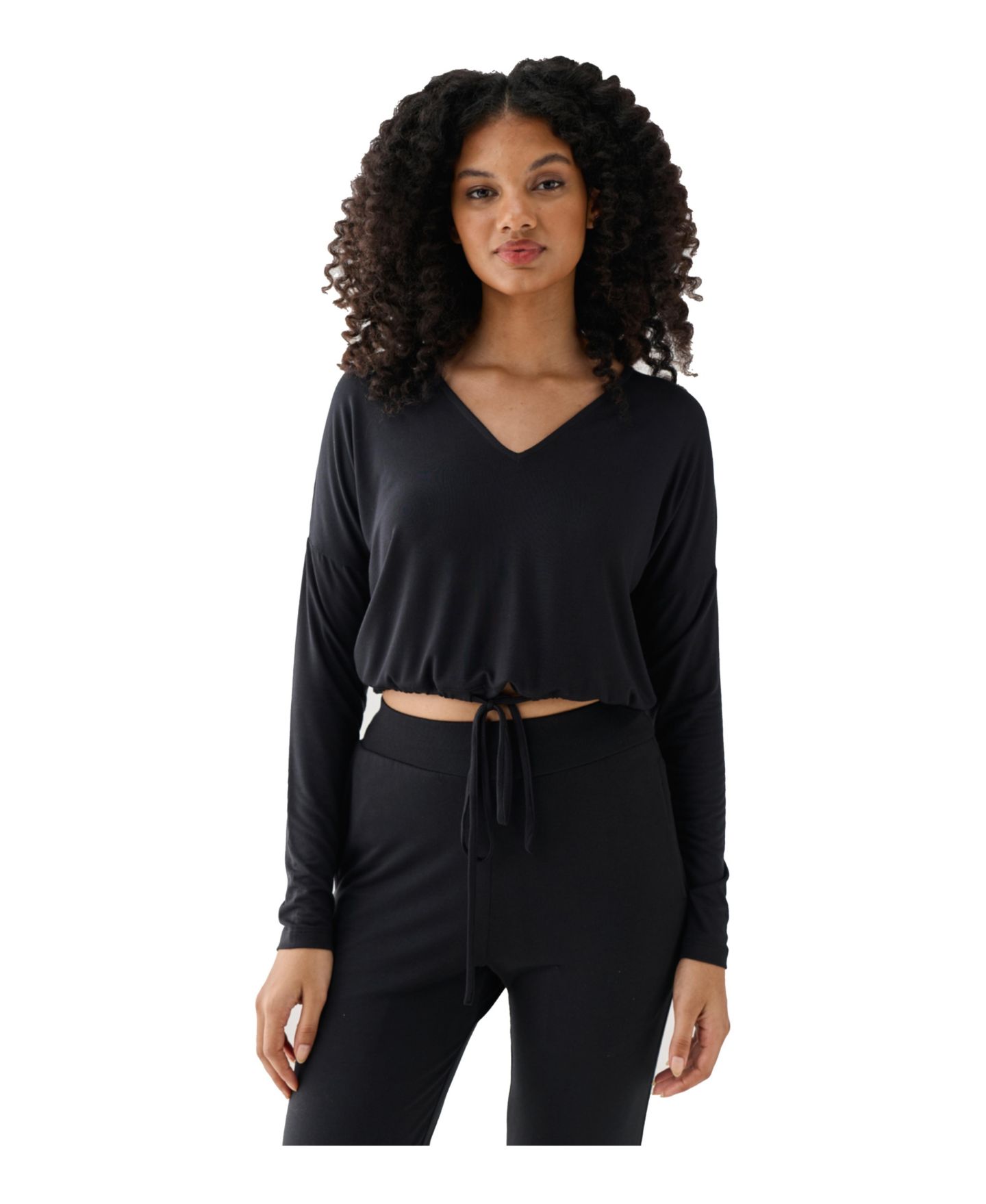 Женский топ Reistor The Modal Long-Sleeve V-Neck Tie-Front Crop, цвет: Чёрный — фото 1