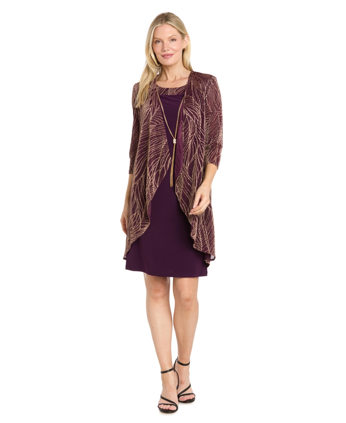R & M Richards Women's 2.Piece Metallic Print Open-Front Jacket & Scoop-Neck Necklace Dress - Wine/Gold