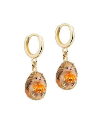 Gold-Tone Hand-Painted Hedgehog and Pumpkin Huggie Earrings