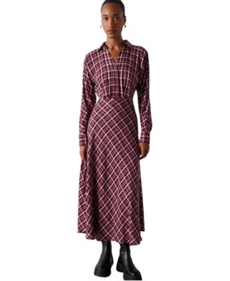 Women's Check V-Neck Long-Sleeve Midi Shirt Dress