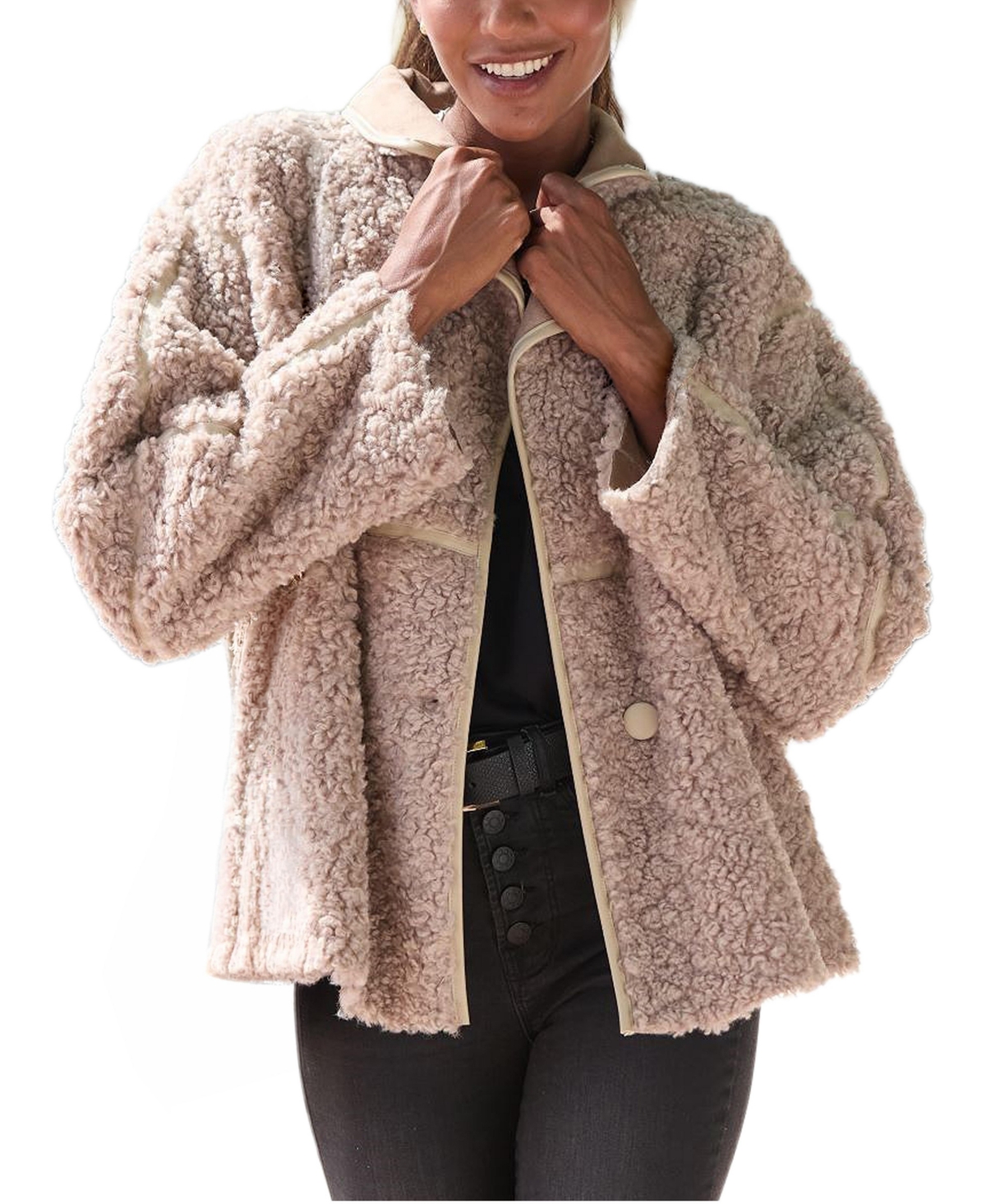 Lascana Women's Sherpa Notch-Lapel Faux-Leather-Trim Jacket - Taupe