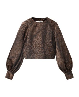 Women's Leopard-Print Open-Back Long-Puffed-Sleeve Blouse