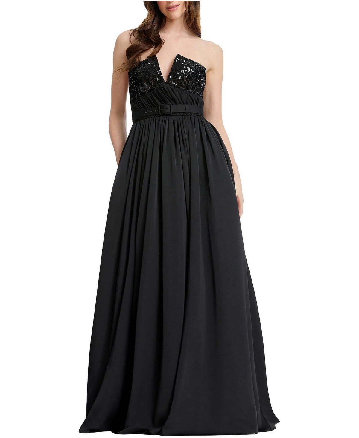 Dress the Population Women's Kristine Plunge Sequin Bodice Gown - Black