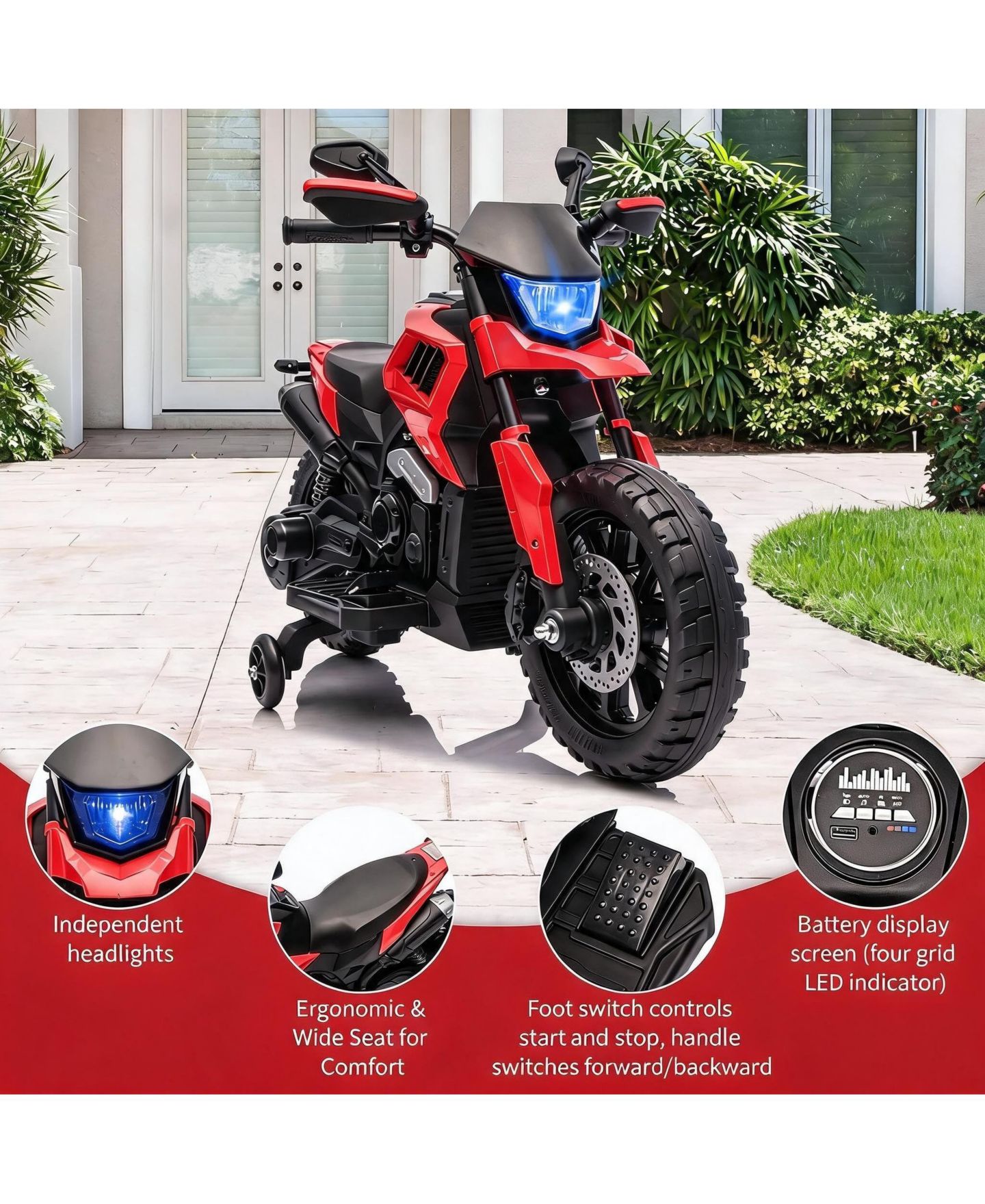 Детская игрушка homfan Large Electric Motorcycle Battery-Powered Gentle Start, 66 Lb. Capacity, от 4 лет, цвет: Красный — фото 6