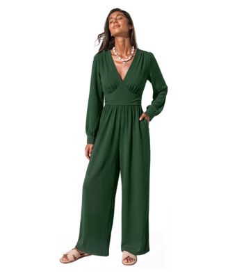 Women's V-Neck Long Sleeve Wide Leg Jumpsuit