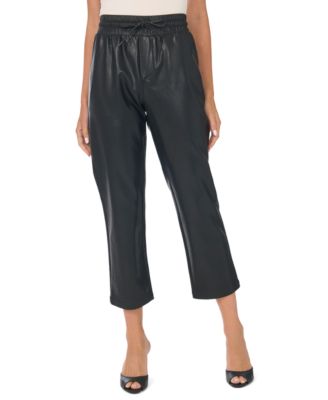 Women's Mid-Rise Elastic Tie-Waist Ankle Faux Leather Pants