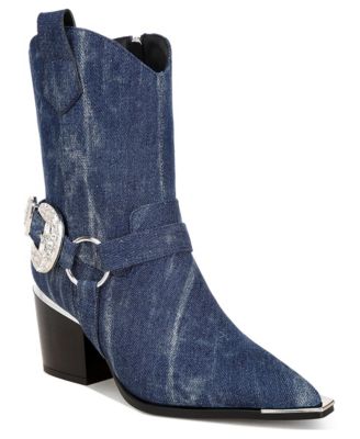 Melrose Denim Snip-Toe Diamante Buckle Accent Block-Heel Boots