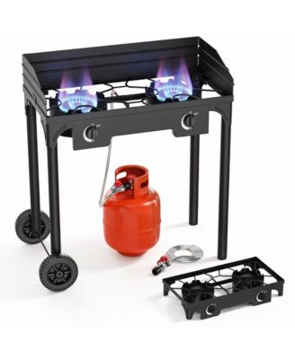2 Burner Outdoor Propane Gas Stove, 150,000 BTU Camping Cooker with Wind Guard and Wheels