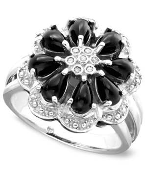 image of Onyx and Diamond Accent Flower Ring in Sterling Silver