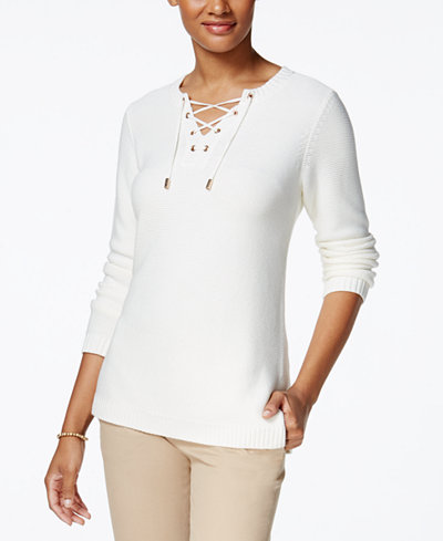 Charter Club Lace-Up Split-Neck Sweater, Only at Macy's