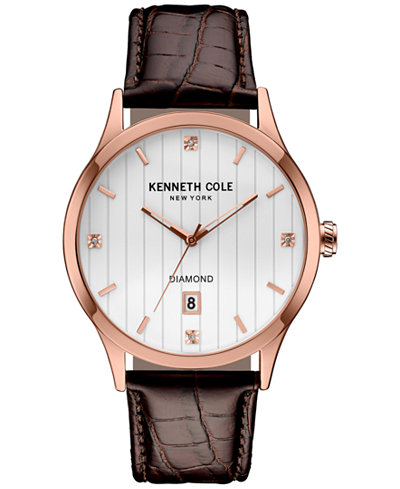 Kenneth Cole New York Men's Diamond Accent Brown Leather Strap Watch 42mmx50mm 10030783