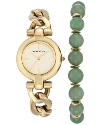 Anne Klein - Women's Gold-Tone Chain Bracelet Watch & Beaded Bracelet Set 30mm AK-2836JADE