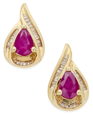 image of Certified Ruby (9/10 ct. t.w.) and Diamond (1/6 ct. t.w.) Stud Earrings in 14k Gold