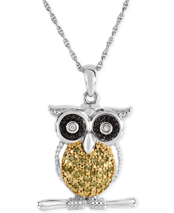 Macy's Diamond Owl Pendant Necklace (1/10 ct. t.w.) in Sterling Silver