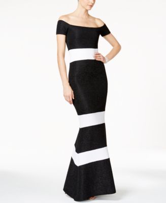 xscape off the shoulder glitter gown
