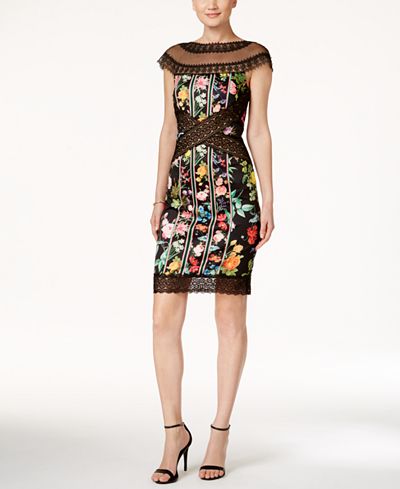Tadashi Shoji Lace-Trim Floral-Print Sheath Dress