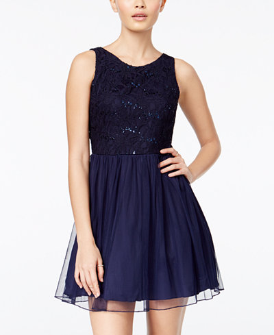 Speechless Juniors' Sequined Lace Cutout-Back Dress