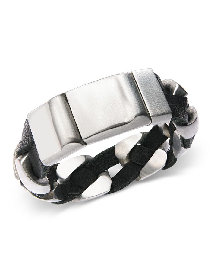 Sutton by Rhona Sutton - Stainless Steel and Black Leather Chain Bracelet
