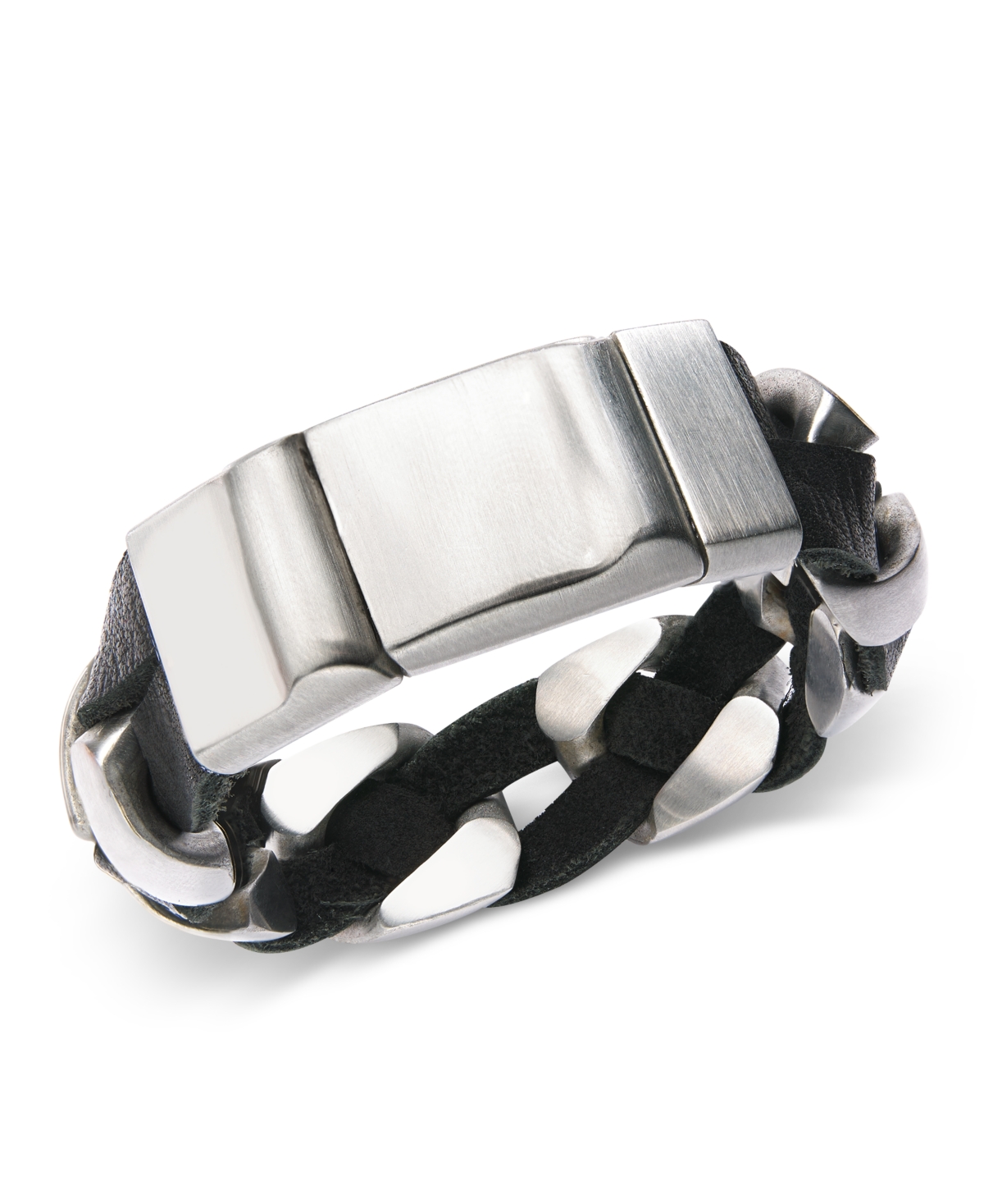 Stainless Steel and Black Leather Chain Bracelet - Silver