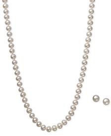 White Cultured Freshwater Pearl (6mm) Necklace and Matching Stud (7-1/2mm) Earrings Set in Sterling Silver