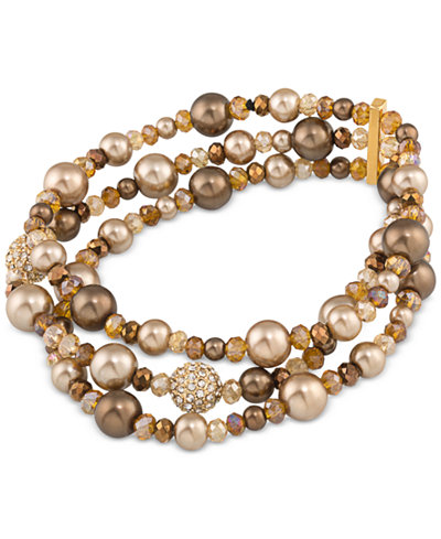 Carolee Gold-Tone Brown Imitation Pearl and Pavé Stretch Bracelet