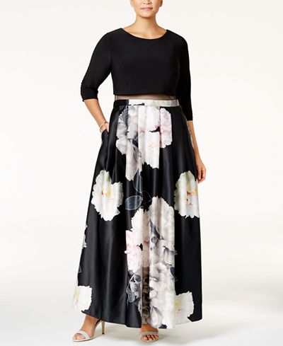 Betsy & Adam Plus Size Illusion 2-Pc. Floral-Print Gown
