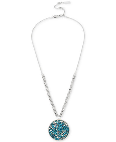 Kenneth Cole New York Silver-Tone Blue Glitter Disc Pendant Necklace