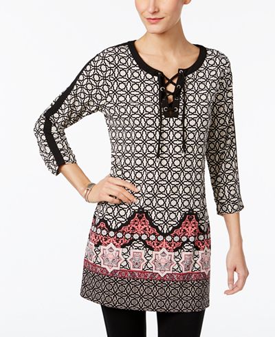 JM Collection Printed Lace-Up Tunic, Only at Macy's