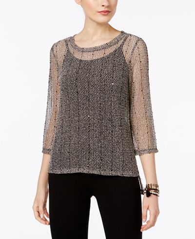 INC International Concepts Sequined Open-Knit Illusion Top, Only at Macy's