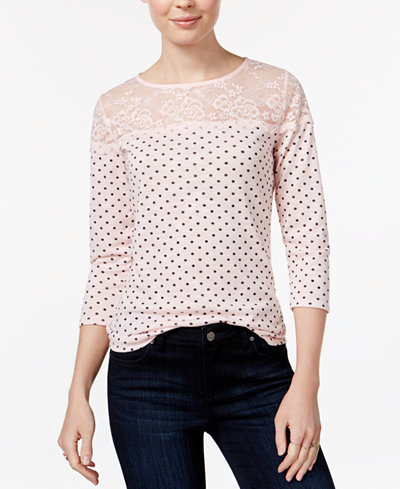 Maison Jules Polka-Dot Lace-Trim Top, Only at Macy's