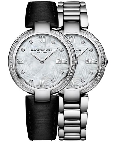 RAYMOND WEIL Women's Swiss Shine Diamond (1/3 ct. t.w.) Black Satin Strap Watch with Interchangeable Stainless Steel Bracelet 32mm 1600-STS-00995