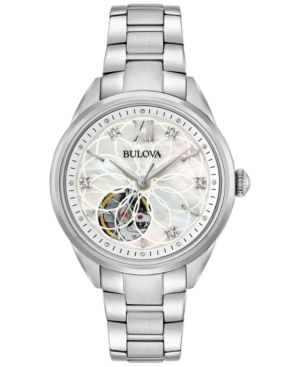 image of Bulova Women-s Automatic Diamond Accent Stainless Steel Bracelet Watch 34mm 96P181
