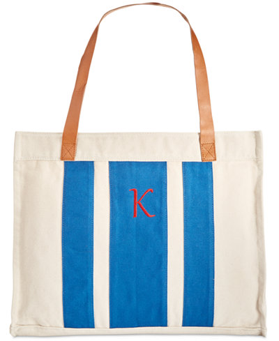 Cathy's Concepts Personalized Blue Stitched Stripe Canvas Tote with Leather Handles