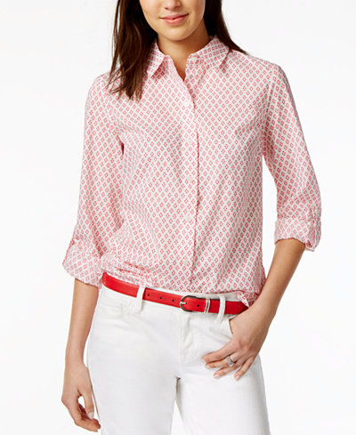 Tommy Hilfiger Cotton Printed Roll-Tab Shirt, Only at Macy's