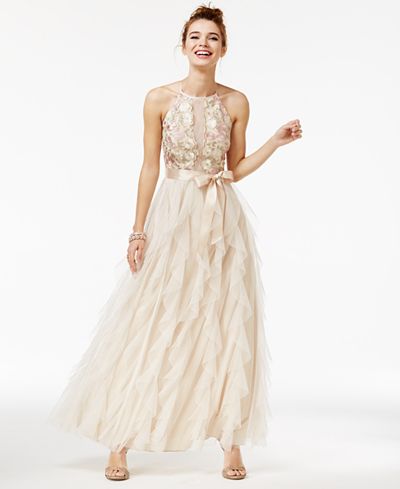 Teeze Me Juniors' Embroidered Ruffled Gown