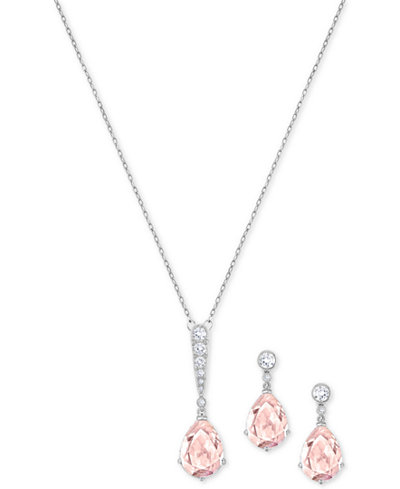 Swarovski Silver-Tone Pink and Clear Crystal Pendant Necklace & Matching Drop Earrings Set
