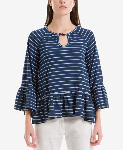 Max Studio London Cotton Striped Keyhole Top