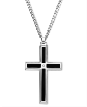 image of Men-s Stainless Steel Pendant, Black Enamel and Diamond Accent Cross