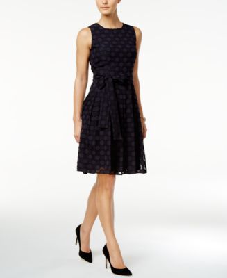 Tommy Hilfiger Belted Dot-Texture Fit & Flare Dress - Macy's