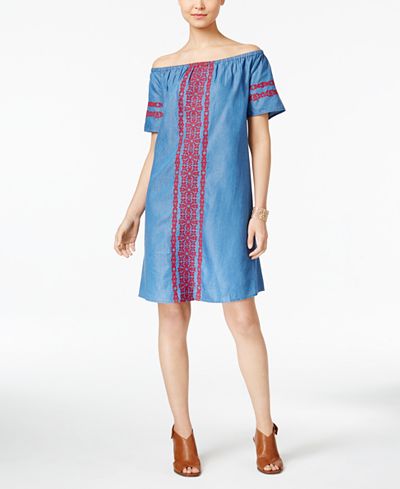 Style & Co Off-The-Shoulder Denim Embroidered Dress, Only at Macy&#39;s - Dresses - Women - Macy&#39;s
