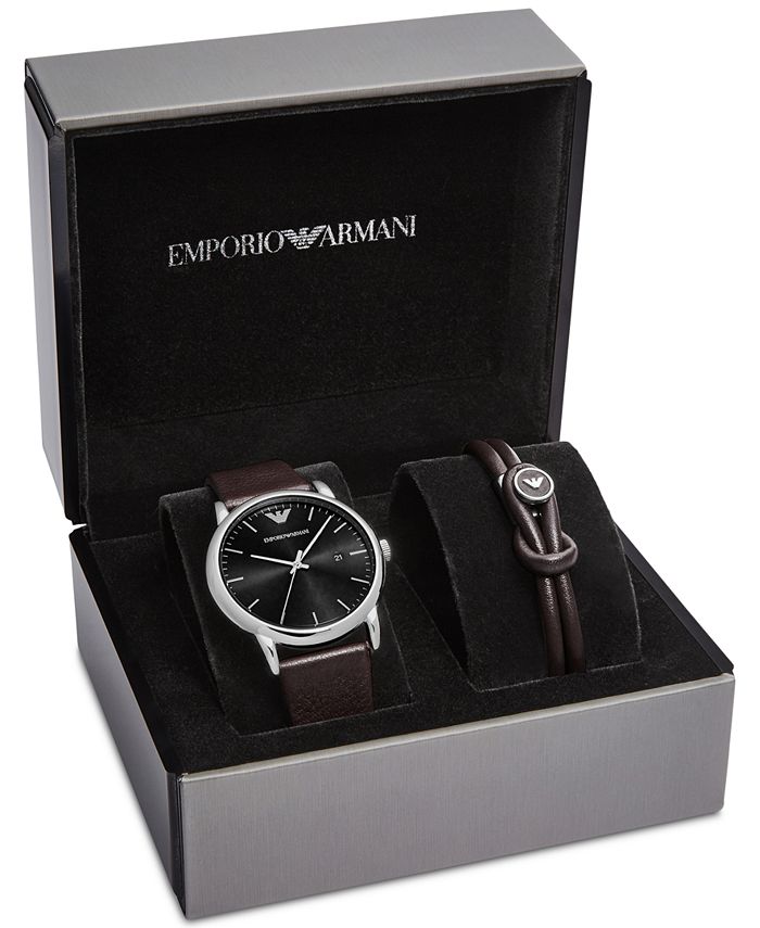 Emporio Armani Men's Luigi Brown Leather Strap Watch & Leather Bracelet ...