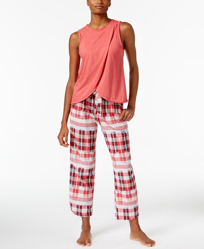 Lucky Brand Overlapped Top & Printed Cotton Pants Pajama Set - Macy's