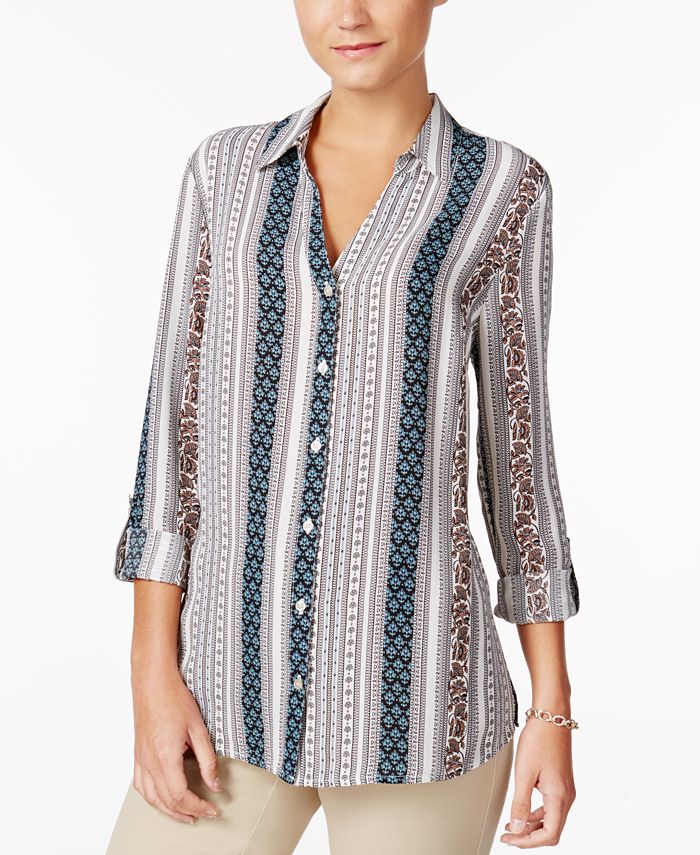 Charter Club Petite Mixed-Print Blouse, Created for Macy's - Macy's