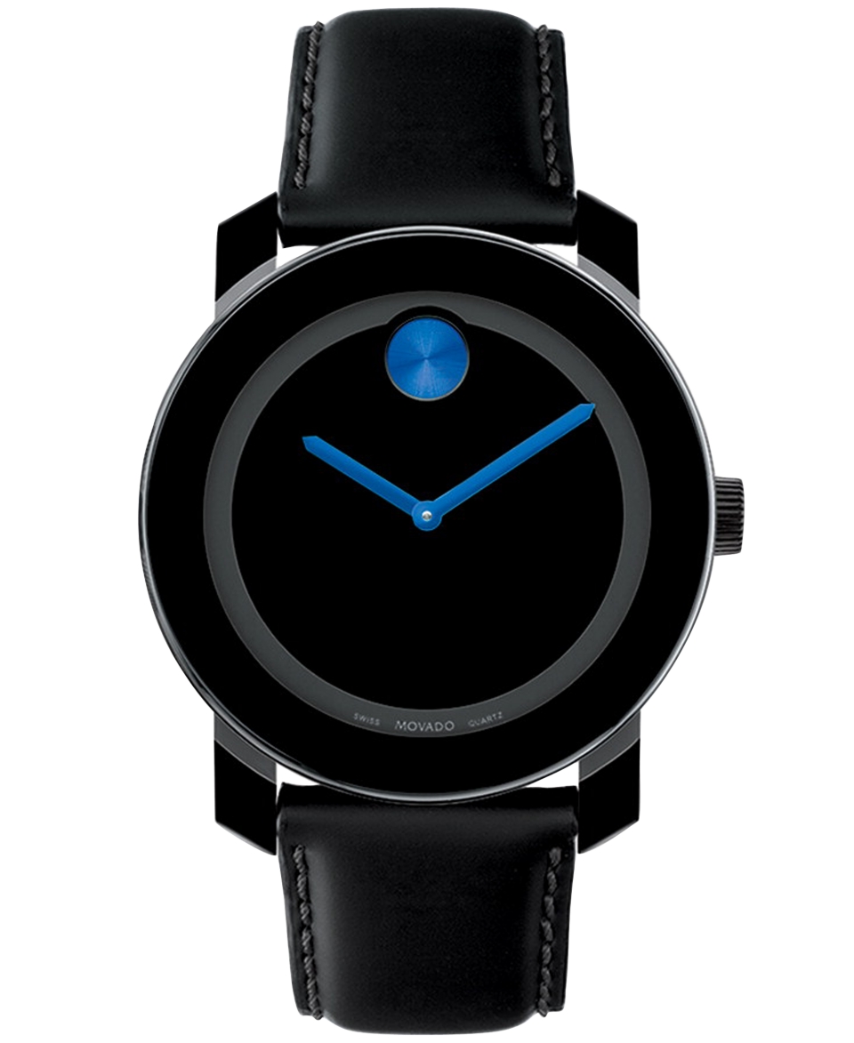 Movado Unisex Swiss Bold Large Blue Accent Black Leather Strap Watch