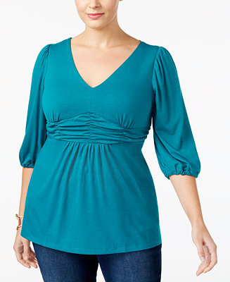 NY Collection Plus Size Three-Quarter-Sleeve Ruched Empire-Waist Top ...