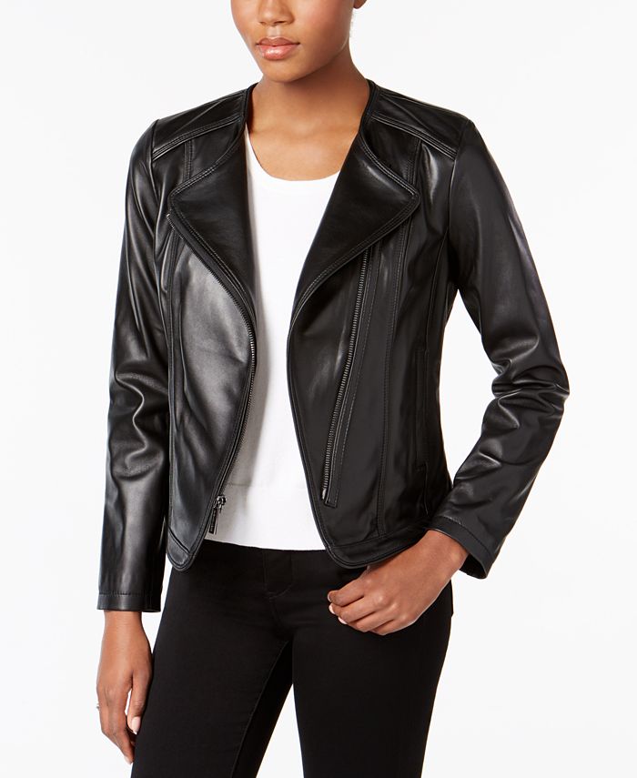 Michael Kors Asymmetrical Cutaway Leather Jacket & Reviews - Coats ...