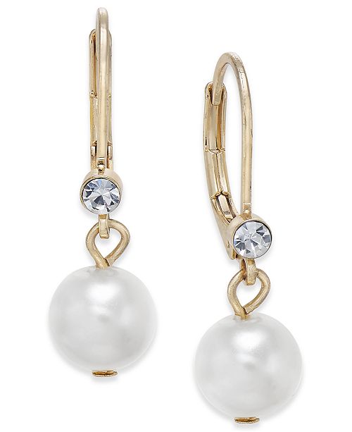 Charter Club Gold-Tone Small Crystal Imitation Pearl Drop Earrings ...