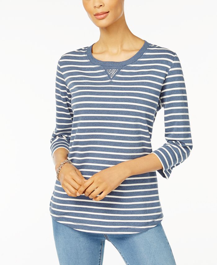 Karen Scott Womens Petite Striped Colorblocked Top Bright Red Size Ps main image 0