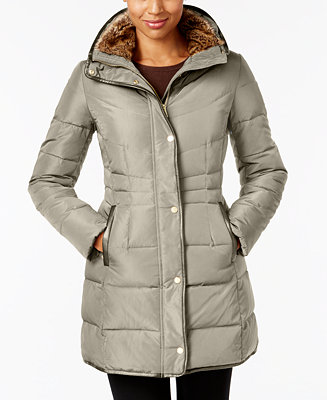 Faux Fur Collar Down Puffer Coat, Womens Long Padded Coat With Fur Hood